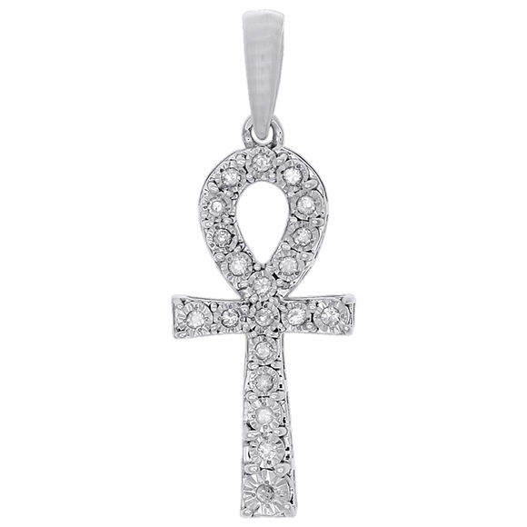 10k White Gold Genuine Diamond Ankh Cross Pendant